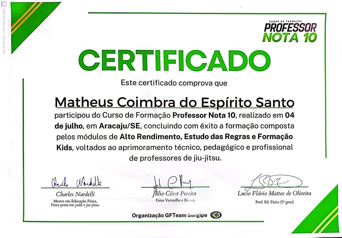 Certificado do curso de formação Professor Nota 10